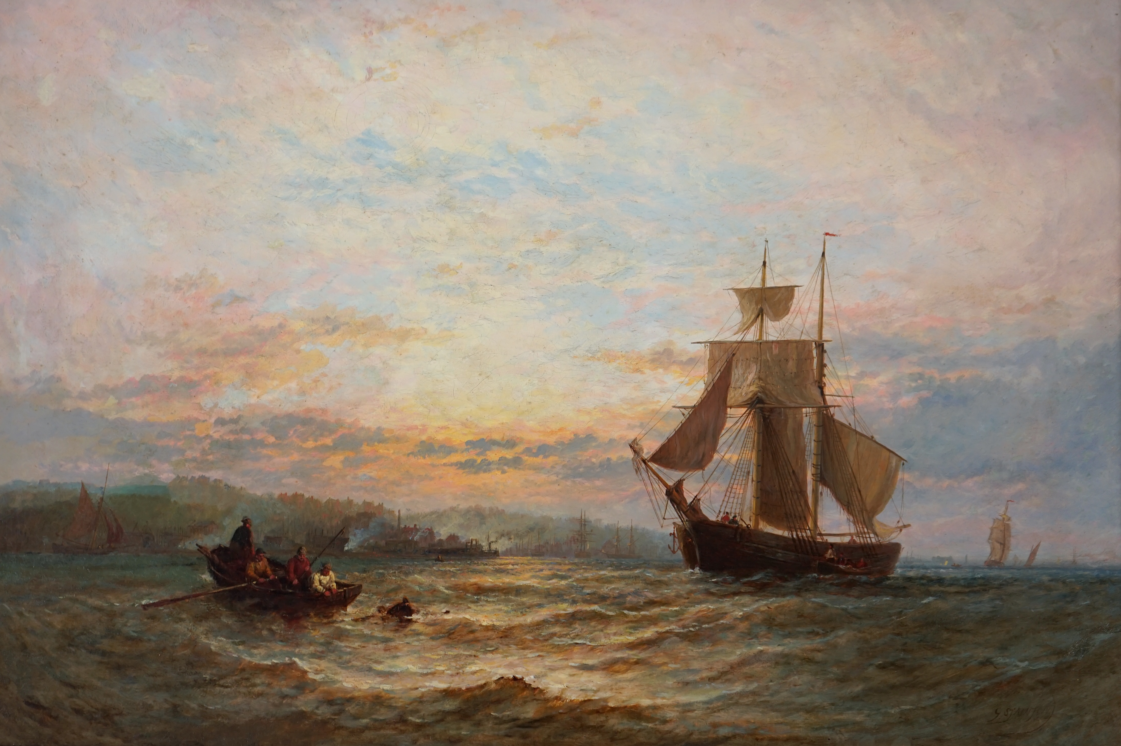 George Stainton (British, fl. 1860-1890), Shipping in a calm sea at dawn, oil on canvas, 60 x 90cm